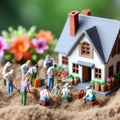 Miniature people : Worker team building a house in the sand.