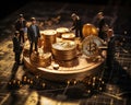 Miniature people worker working of bitcoins. Cryptocurrency mining concept