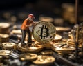 Miniature people worker working of bitcoins. Cryptocurrency mining concept