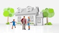 Miniature people - a young family posing in front of their new house Royalty Free Stock Photo