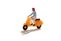 Miniature person riding a bright yellow scooter