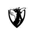 Miniature pinscher dog silhouette vector shield logo template