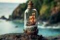 Miniature pirate ship brings adventure to the ocean in a bottle Royalty Free Stock Photo