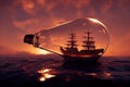 Miniature pirate ship in glass bottle Royalty Free Stock Photo