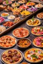 miniature pizzas with different toppings on a large baking tray