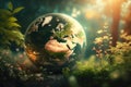 Miniature planet Earth with trees, fauna. Concept for Earth Day. AI generated