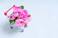 Miniature Push Trolley with Delicate Roses Bouquet