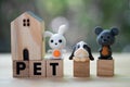 Miniature rabbit, dog and rat on wood block word of `PET` with miniature wood home.