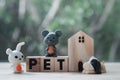 Miniature rabbit, dog and rat on wood block word of `PET` with miniature wood home.