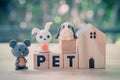 Miniature rabbit, dog and rat on wood block word of pet