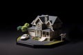 Miniature real estate house for sale on solid black background. ai generative