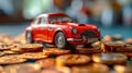 Miniature red car on a stack of coins. Business and finance concept, loan and leasing from a car dealer seller