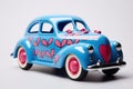 Miniature retro blue car with pink hearts. Generative AI Royalty Free Stock Photo