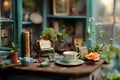 Miniature Room Illustration Featuring Teacup, Books, and Plants Royalty Free Stock Photo