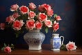 miniature roses in a white ceramic vase next to a box with shipping labels