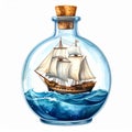 Miniature Sailing Ship in Glass Bottle with Blue Water Royalty Free Stock Photo