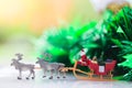 Miniature Santa Claus drive a wagon with a reindeer during the snowfall. Using as concept in Christmas day