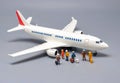 Miniature scale people figures passengers boarding a plane. Ideal for transportation concepts, model scenes, and travel designs
