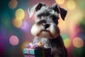 Miniature Schnauzer pet dog with a Christmas or birthday present in a box Royalty Free Stock Photo
