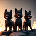 A miniature set of stylish black special forces dogs in combat on urban rubble. AI generate
