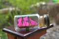 A miniature ship inside the bottle. in the photo very close