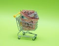 Miniature shopping cart with Bolivian money. The concept of shopping and the power of the economy.