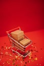 Miniature shopping cart with craftpaper gift on a red background Royalty Free Stock Photo