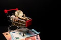 Miniature shopping cart filled with Euro coins and a bitcoin on the top placed on paper money with a black background. Royalty Free Stock Photo