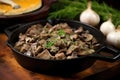 miniature skillet of beef stroganoff for individual serving