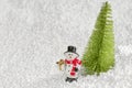 Miniature snowman with a gift stands by a Christmas tree.