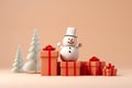 Miniature snowman standing on gift box. Generative AI.