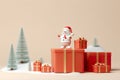 Miniature snowman standing on gift boxes. Generative AI.