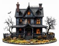 Miniature Spooky Victorian House Model with Warm Interior Lights on White Background Royalty Free Stock Photo