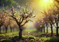 A Miniature Spring Orchard Unveiling the Art and Science of Tree Grafting Through TiltShift Photography Royalty Free Stock Photo