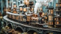 Miniature Steam Train on Bridge Through Illuminated Cityscape Royalty Free Stock Photo