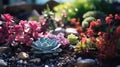 Colorful miniature succulent cacti garden. Close-up garden of miniature cactus in blurred background. AI generated.