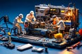 Miniature technicians team of engineers repairing computer