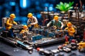 Miniature technicians team of engineers repairing computer