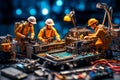 Miniature technicians team of engineers repairing computer