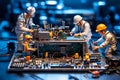 Miniature technicians working on a computer circuit board