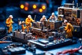 Miniature technicians working on a computer circuit board