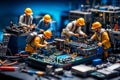 Miniature technicians working on a computer circuit board