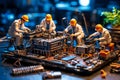 Miniature technicians working on a computer circuit board