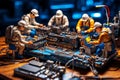 Miniature technicians working on a computer circuit board