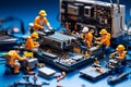 Miniature technicians working on a computer circuit board