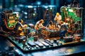 Miniature technicians working on a computer circuit board