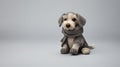 Gray Knitted Toy Schnauzer Dog With Scarf On Dark Gray Background