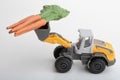 Miniature toy excavator lifting up some carrots