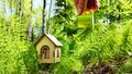 miniature toy house in forest and hand with watering can. natural background. symbol taking care of Eco Friendly home