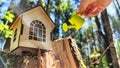 miniature toy house in forest and hand with watering can. natural background. symbol taking care of Eco Friendly home